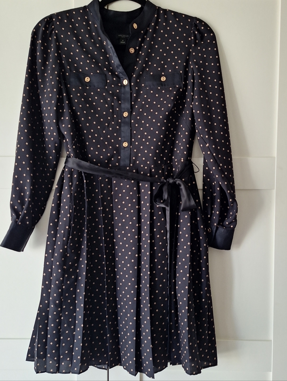 Ann Taylor Black Dress with Cream Color Dimond Print and Self-Tie Belt